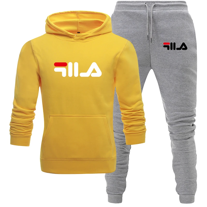 yellow gray Модный комплект из двух предметов, брендовые толстовки с капюшоном, спортивная одежда для мужчин, спортивный костюм с капюшоном, осенняя мужская брендовая одежда, толстовки+ штаны, комплекты - Цвет: yellow gray