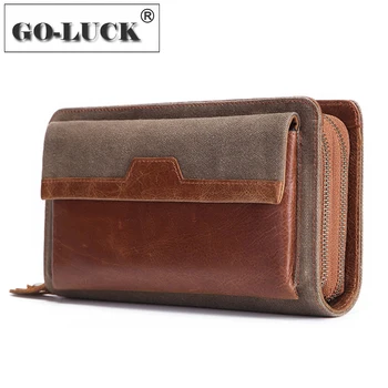 

Multiple Functions Business OL Clutch Handbag Men Double Zipper Mobile Phone Wallets Men's Cowhide Leather Purse Patchwork