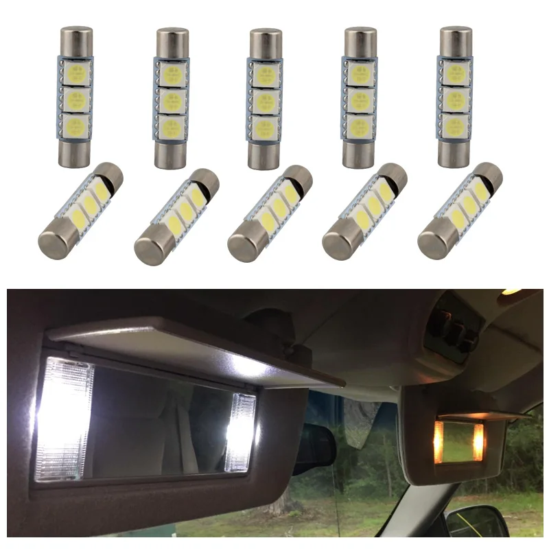 

10Pcs White Ice Blue Festoon 29mm LED Interior Bulbs For Car Sun Visor Vanity Mirror Lights Replacement Halogen Bulb 6614 6614F
