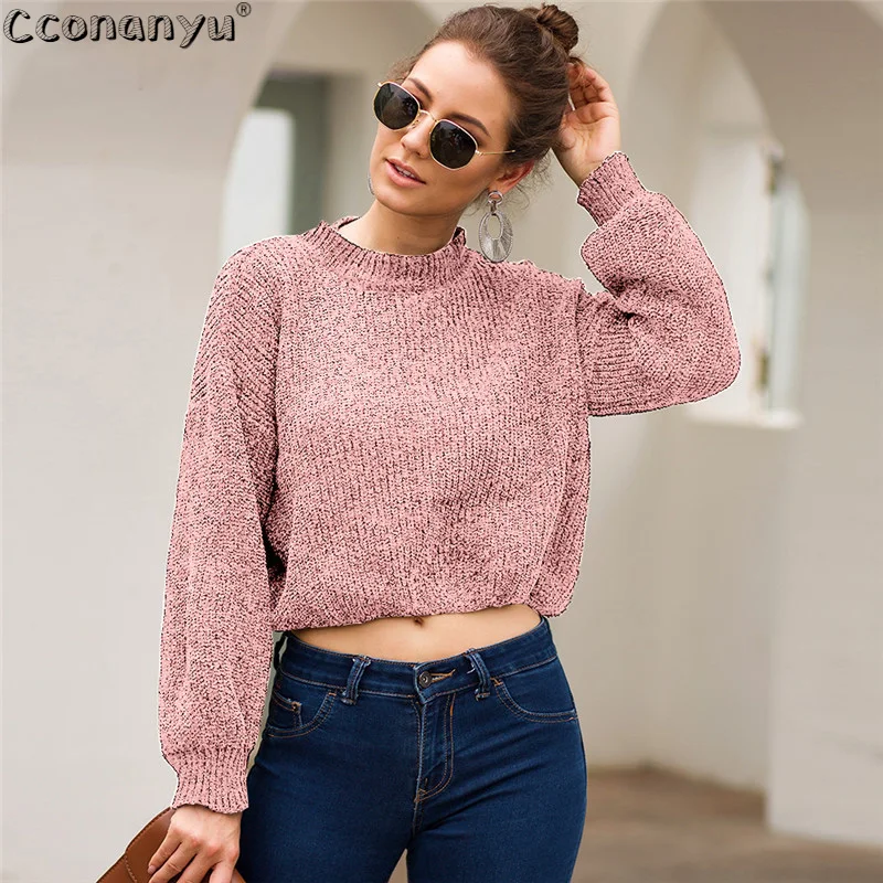 

2019 O-Neck Solid Women Sweaters Pullovers Loose Knitted Short Tops Knitted Autumn Winter Female Long Sleeve Knitwear Tops