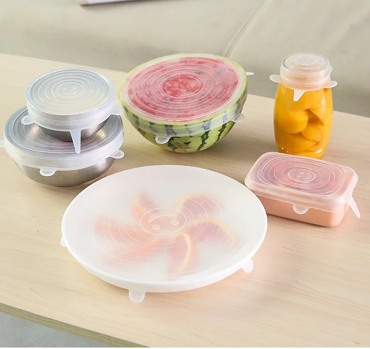 6Pcs Reusable Silicone Food Fresh Cover Food Grade Bowl Lid Wrap Fruit Vegetable Fresh-keeping Lids Pan Cooking Kitchen Stoppers