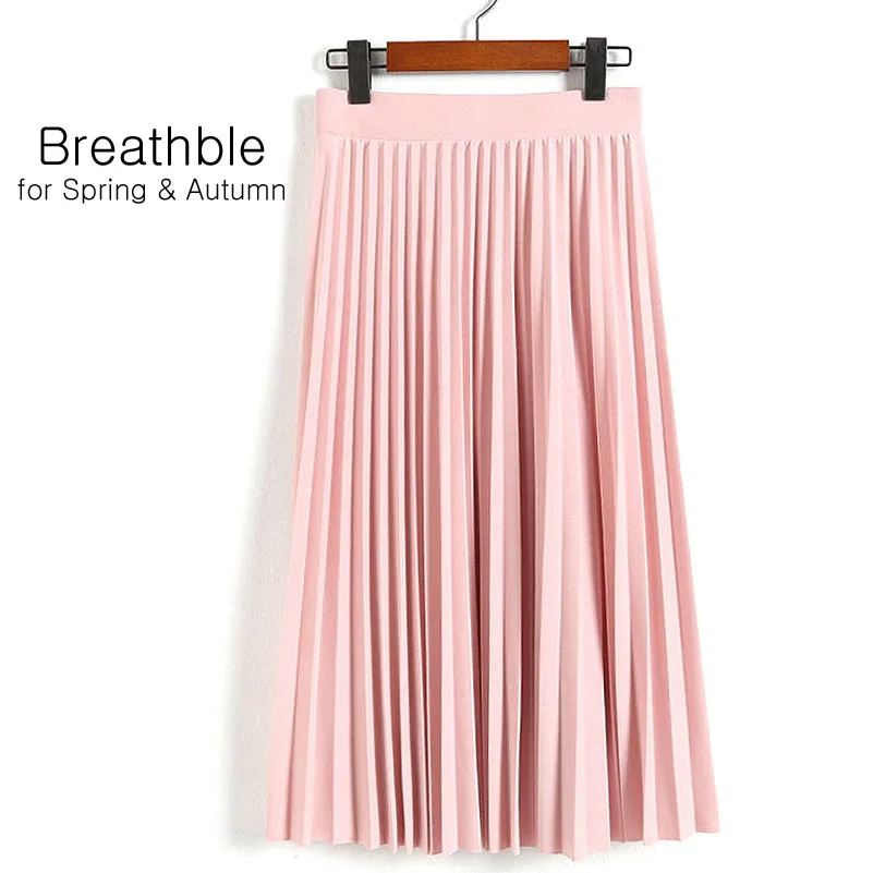 Light Pink SheBlingBling весна осень модные женские Высокая талия плиссированные сплошной цвет Половина Длина эластичная юбка Акции Леди Черный Розовый - Цвет: Light Pink