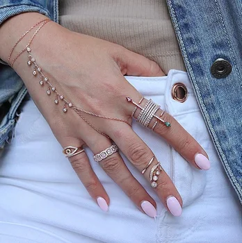 

Rose gold CZ charm Multi Chain Tassel Bracelet Bangle Slave Finger bangle Hand Harness Gold Bracelets