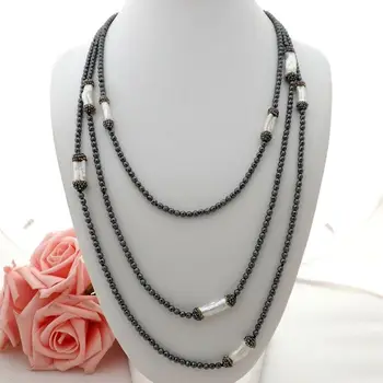 

K062603 81" White Keshi Pearl Hematite Necklace