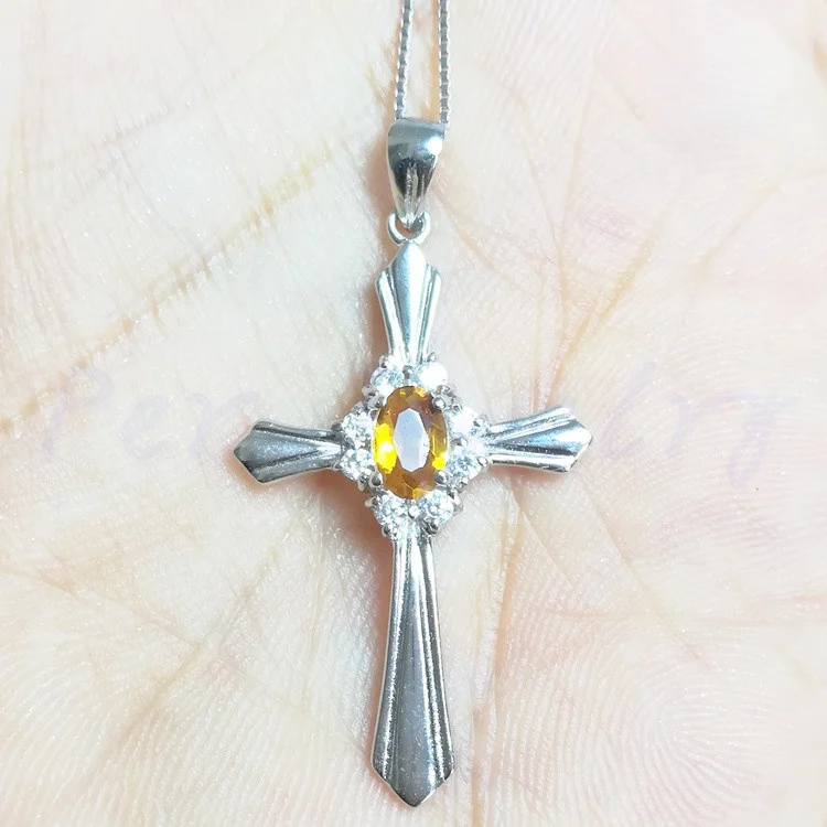 natural citrine Подвеска в виде креста, натуральный Аутентичный цитрин или Аметист или топаз,, серебро 925 пробы, 0.5ct, gemtone X910252 - Цвет камня: natural citrine
