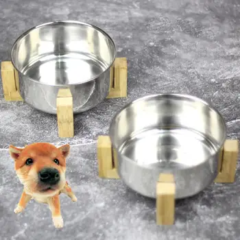 

5Inches New High Quality Stainless Steel Round Feeding Bowl with Bamboo Wooden Holder for Pet Dogs Cats Supplies