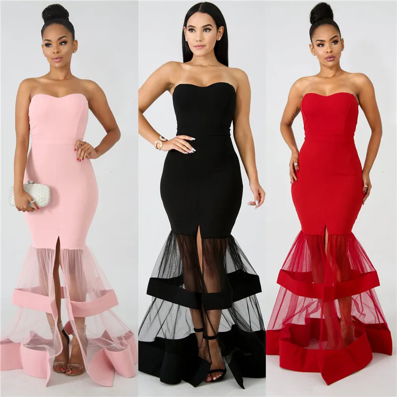 

Women Evening Party Dress Sexy Strapless Mesh Patchwork See Through High Split Sheath Long Maxi Cascading Ruffles Hem Vestidos