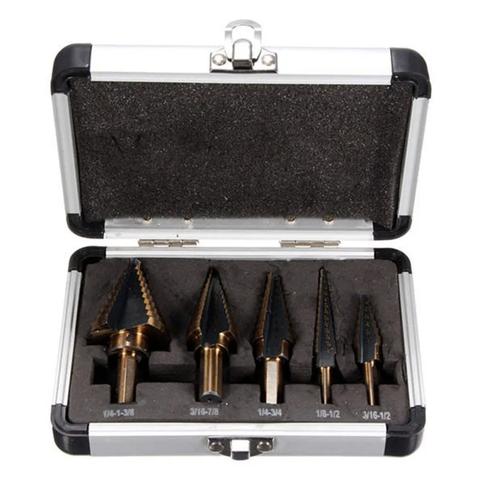 

5PCS Titanium Step Drill Bit Set With Automatic Center Punch In 5 High Speed Steel Drill Bits Set For Sheet Metal With Aluminum