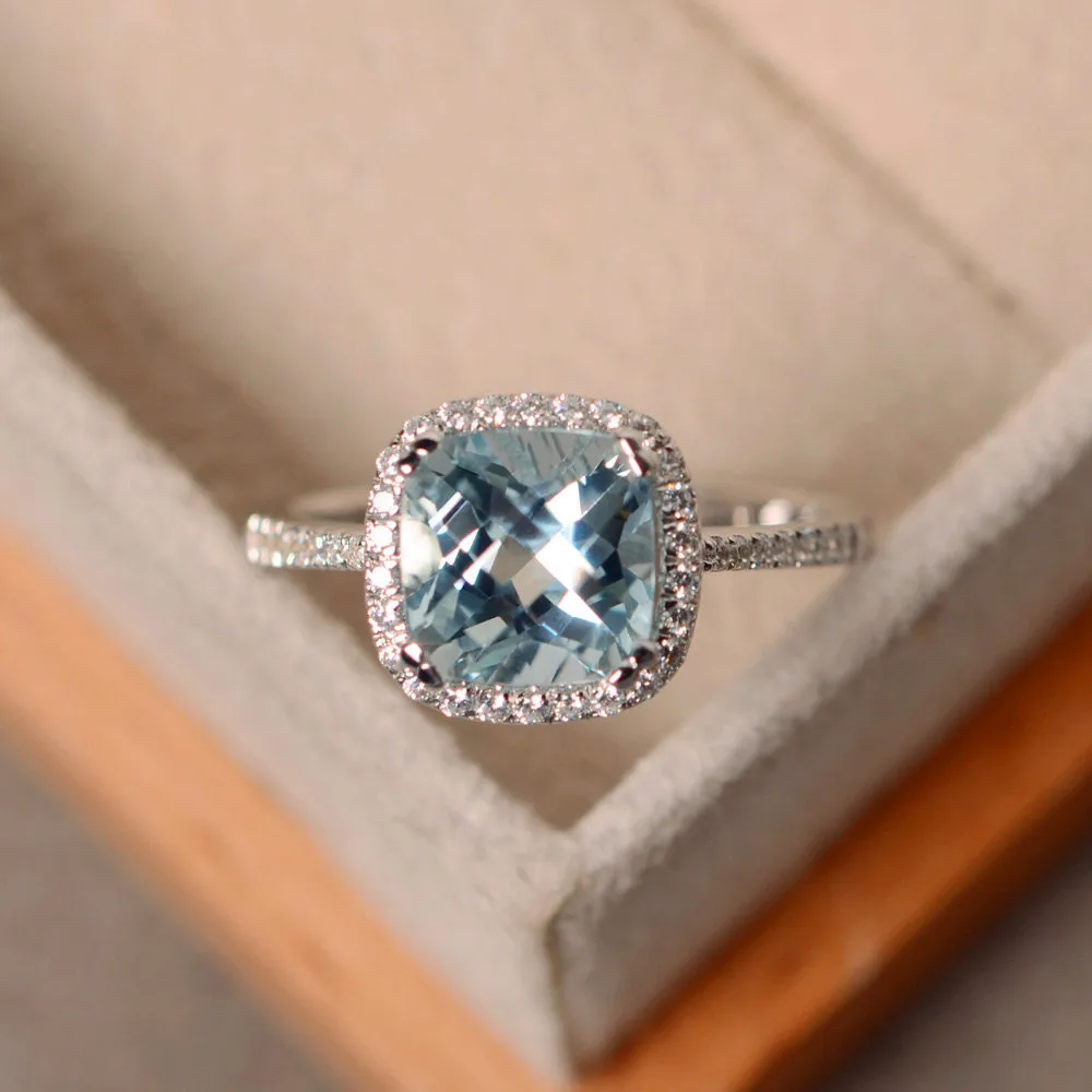 Роскошное женское кольцо из натурального Аквамариновый камень, Настоящее 925 пробы Серебряное обручальное кольцо для женщин, кольцо для помолвки