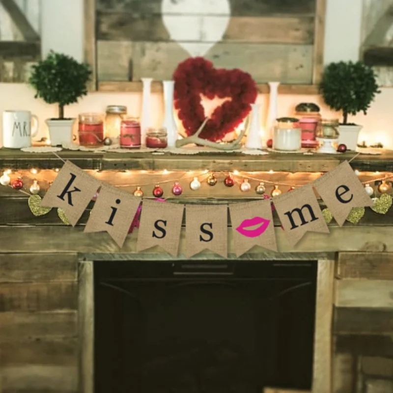 Kiss Me Banner For Valentine's Day Engagement Wedding Party Decoration Retro Pull Flag Romantic DIY Supplies Decor Banner