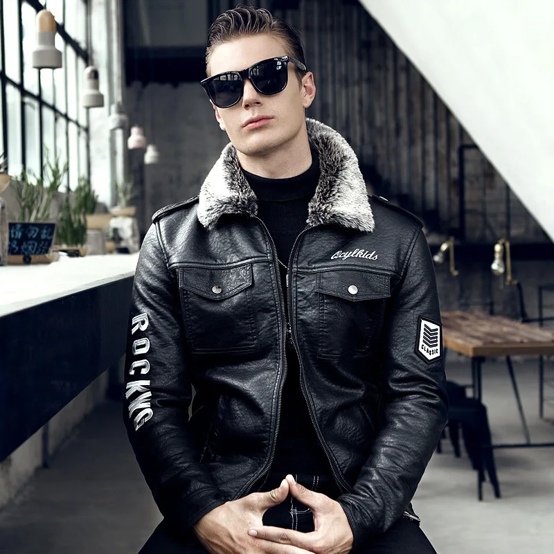 

2019 New Style Leather Coat Men Fur PU Leather Jacket Locomotive Men's Winter Thick Leather Coat
