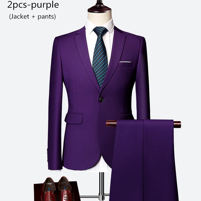 Мужской свадебный костюм, набор из 3 предметов(Блейзер+ жилет+ брюки), королевский синий Высококачественный тонкий костюм на заказ, Азиатский Размер 6XL - Цвет: 2pcs-purple