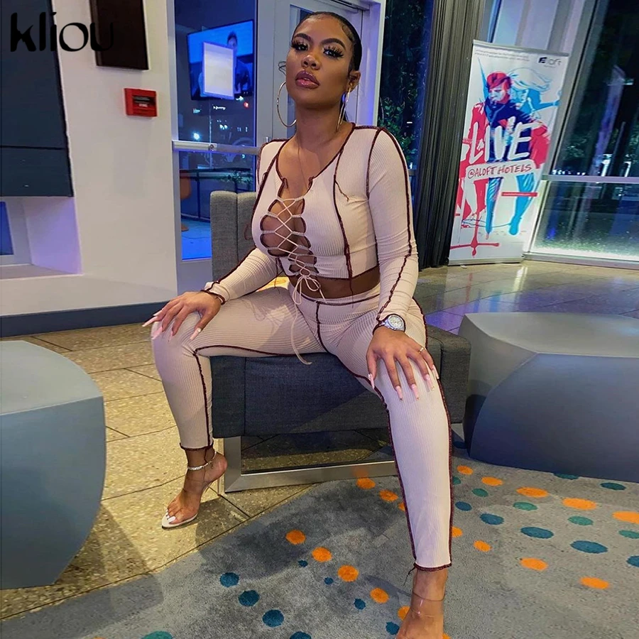 Kliou-Conjunto de dos piezas formado por Top y Pantalón elástico, conjunto de otoño, cuello en V, vendaje sólido, Sexy, traje a juego, ropa de calle informal