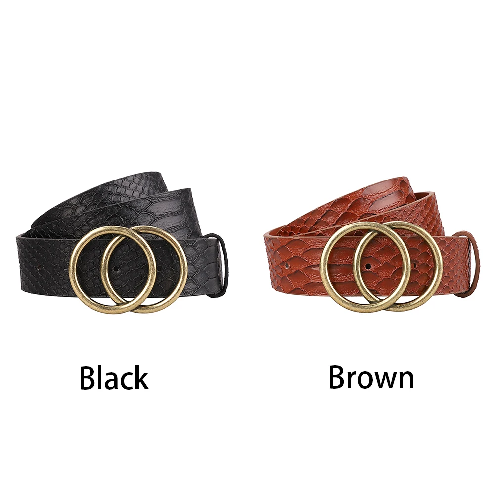 Space Saving Faux Easy To Carry Gift Double O-Ring Daily Women Leather Belt Easy To Use Coarse Snakeskin Pattern Casual Buckle