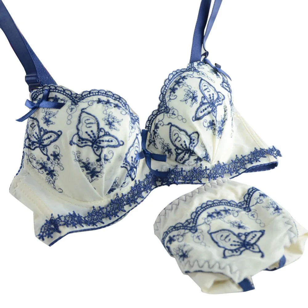Women Lingerie Embroidery Push-Up 3/4 Cup Flower Bra Panty Set Shorts Brassiere