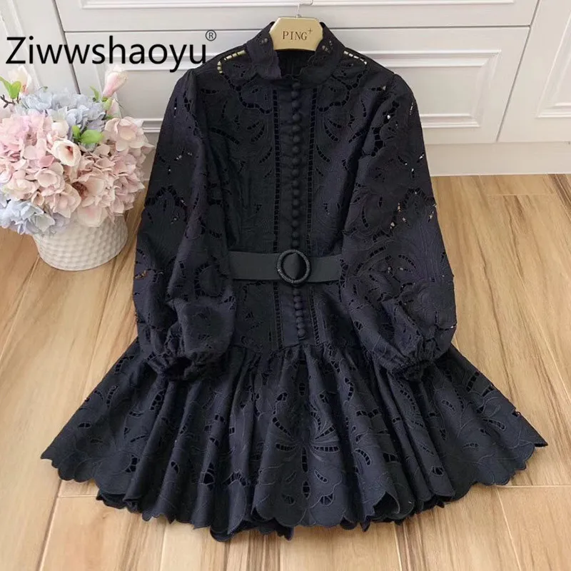 

Ziwwshaoyu Designer 100% Linen Women's Mini Dresses Lantern Sleeve Hollow Embroidery Stand Collar Elegant Black Party Dress