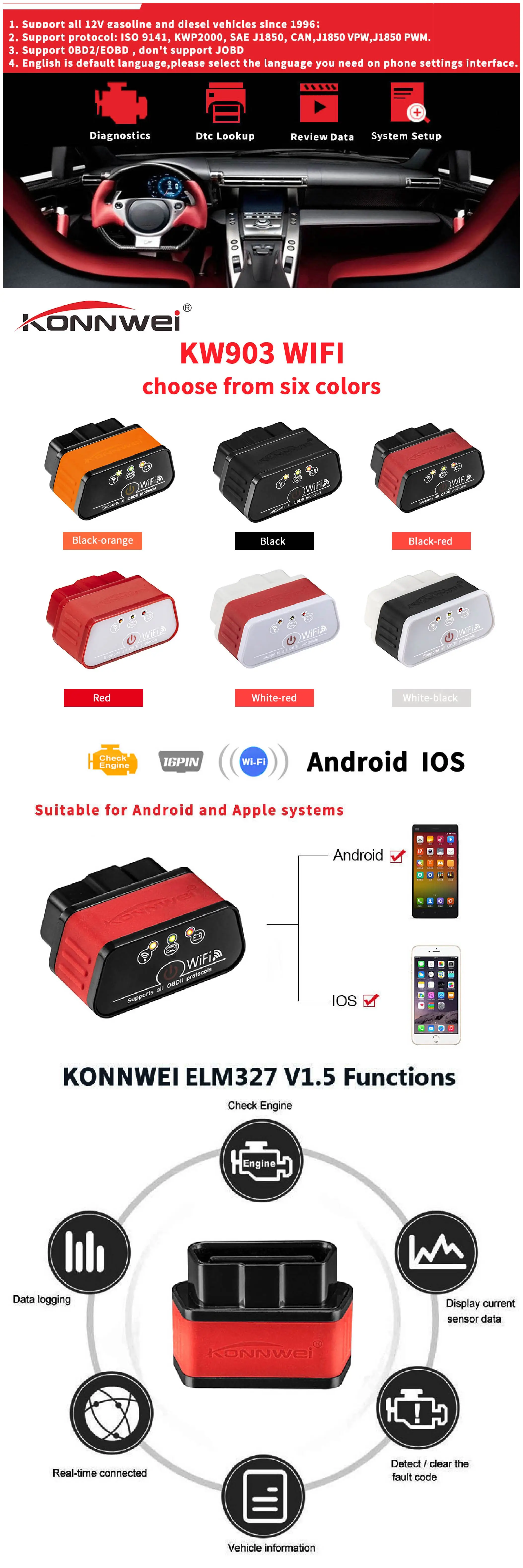 Konnwei KW903 obd2 Wi-Fi elm327 1,5 автоматический диагностический сканер obd 2 elm 327 wifi для IOS и Android как iCar2 wifi obd KW903 v1.5