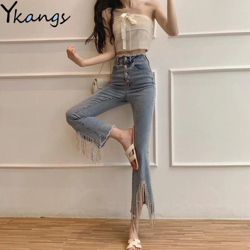 Women Rhinestone Beading Tassel Chain Flare Jeans 2019 New Female Slim Button High Waist Stretch Denim Ankle-Length Pants Party |