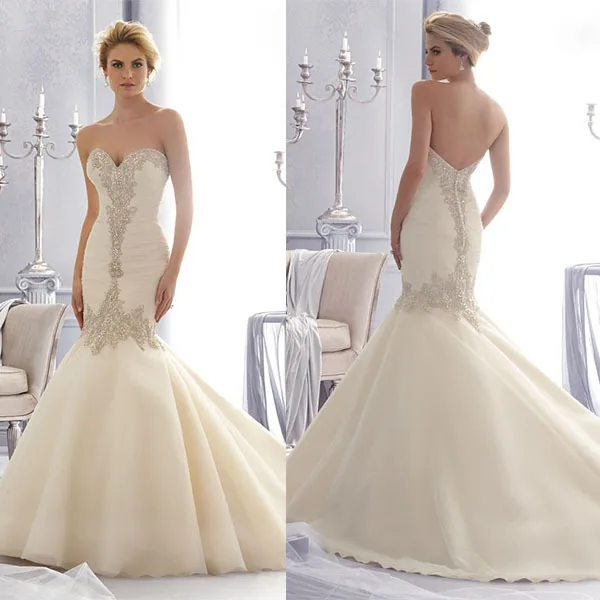 Кристальные аппликации из бисера vestido de noiva Милая декольте без бретелек Русалка свадебное платье Мать невесты платья