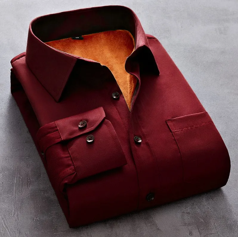 wine red-thick Мужская Флисовая теплая рубашка, новинка осень-зима, Мужская модная однотонная деловая рубашка с длинным рукавом большого размера, официальная плотная рубашка M-5XL - Цвет: wine red-thick