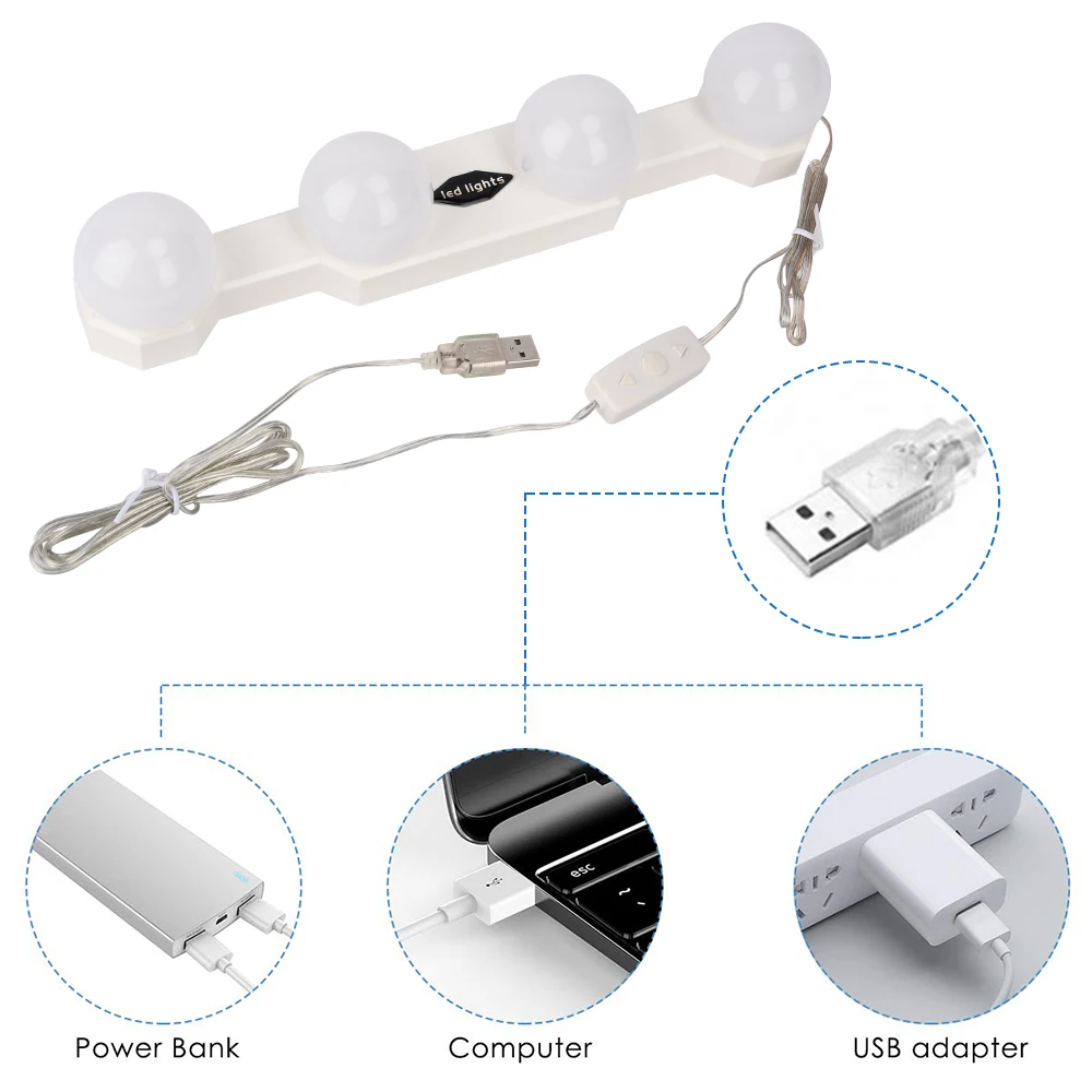 Макияж туалетный шкаф зеркальные огни макияж свет 4 светодиодный лампы тщеславие свет профессиональный макияж полный питание лампа супер яркий
