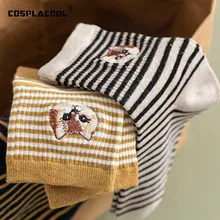 Забавные носки в полоску с вышивкой животных Harajuku корейские милые носки женские Divertidos креативный стиль колледжа Sokken женские носки