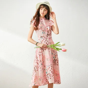 

Pink Summer Dress Women 2020 New Fashion Printed Stand Collar Ruffles Short Sleeve Slim A Line Dress Female S-XL