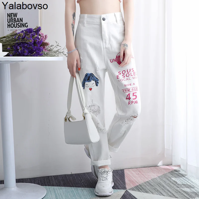

Women's Harem Pants Loose Hole Ankle-length Pants White Jeans Women's Fashionable Large Pattern Printing S M L XL Size Newest