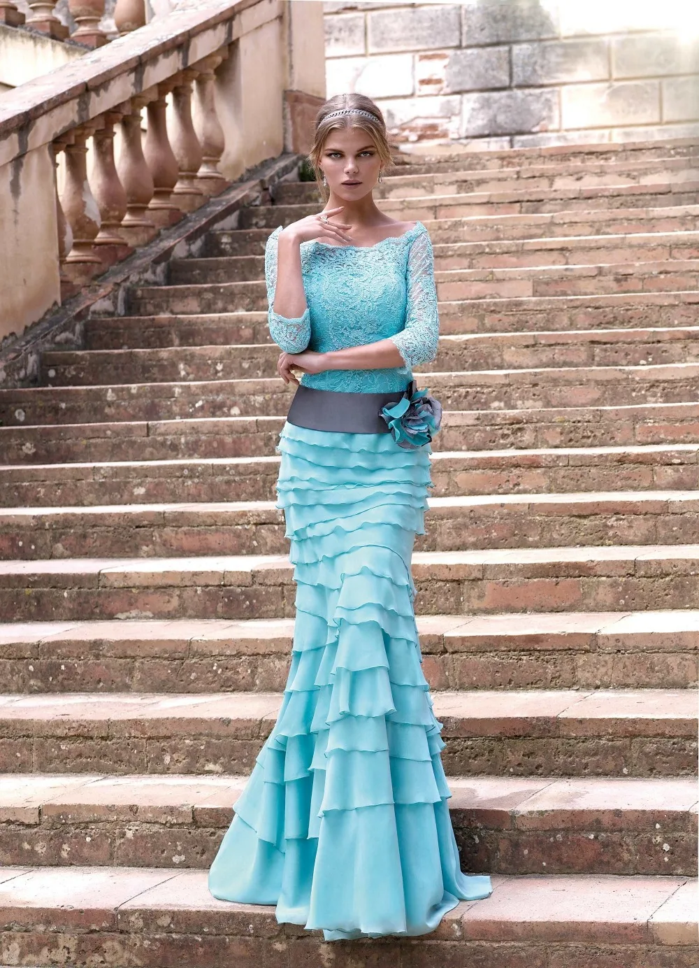 New Arrival Blue Chiffon Lace Flower Sheath Plus Size Bride Mother Dresses Weddings Women Formal Gown vestidos para festa
