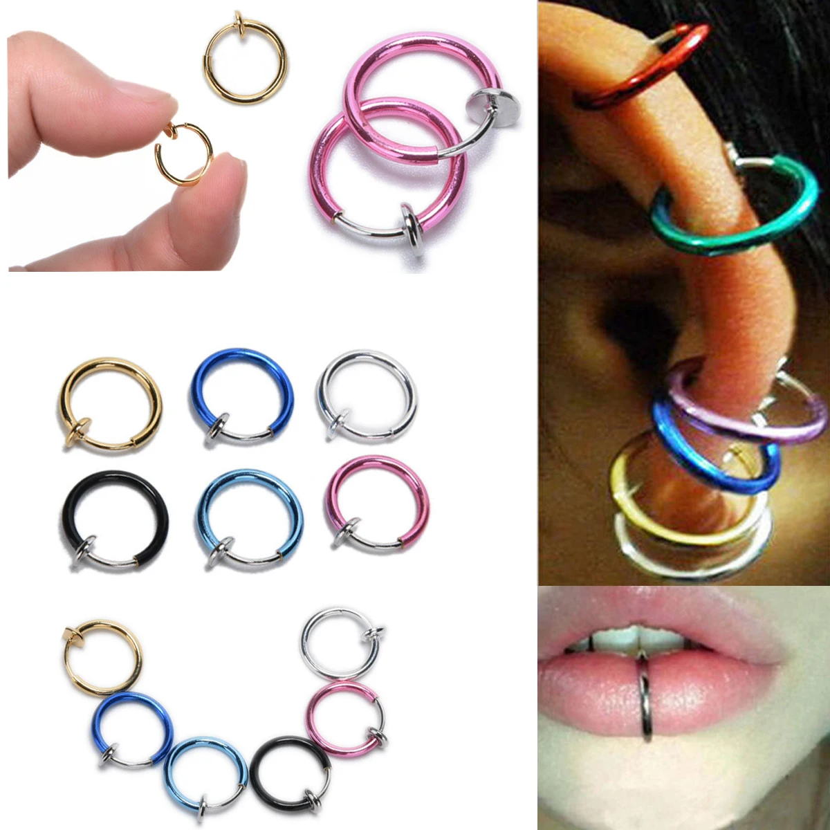 8Pcs/set Body Jewelry  Fake Nose Ring Goth Punk Lip Ear Nose Clip On Fake Septum Piercing Nose Ring Hoop Lip Hoop Rings Earrings