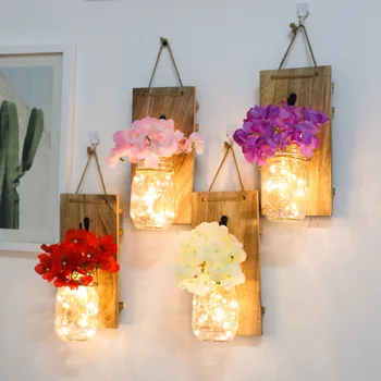 

2Pcs/Set LED Fairy Light Mason Jar Artificial Flower Sconce Wall Hanging Rustic Art Home Decor Hanging Jar Christmas Gift