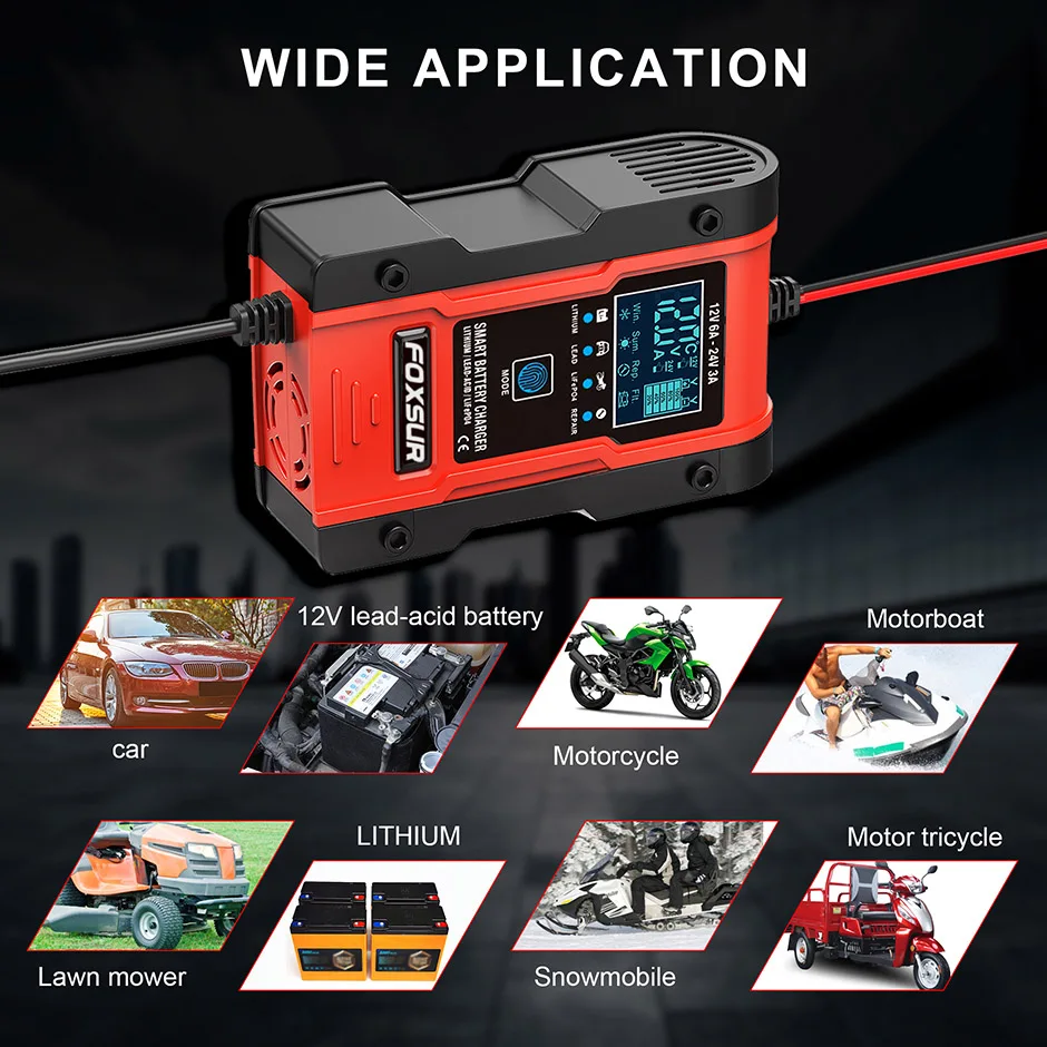 Truck Battery Charger Heavy Duty , FOXSUR 12V 6A 24V 3A Car Smart Battery Charger Fast Charge AGM LiFePO4 Lead-Acid Battery Truck Battery Charger Heavy Duty , FOXSUR 12V 6A 24V 3A Car Smart Battery Charger Fast Charge AGM LiFePO4 Lead-Acid Battery