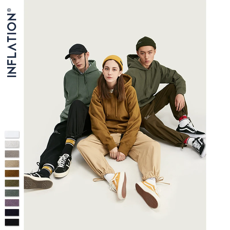 Koop INFLATIE FW 2019 Dropped Schouders Mannen Hoodies In Pure Kleur Mannen Basic Oversized Mannen Hoodies Herfst Winter Paar Hoodies 9689W