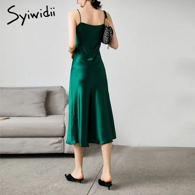 Syiwidii Woman Dress Satin Vintage Spaghetti Strap Evening Party Black Sundress Long Wedding Pure Silk Dress Green 2021 Summer 4