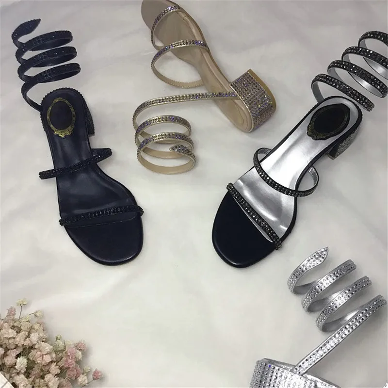 Narrow Two Strap Sandals Women Open Toe Chunky Med Square Heel Party Shoes Bling Crystal Sandalias Sexy Summer Sandals Women