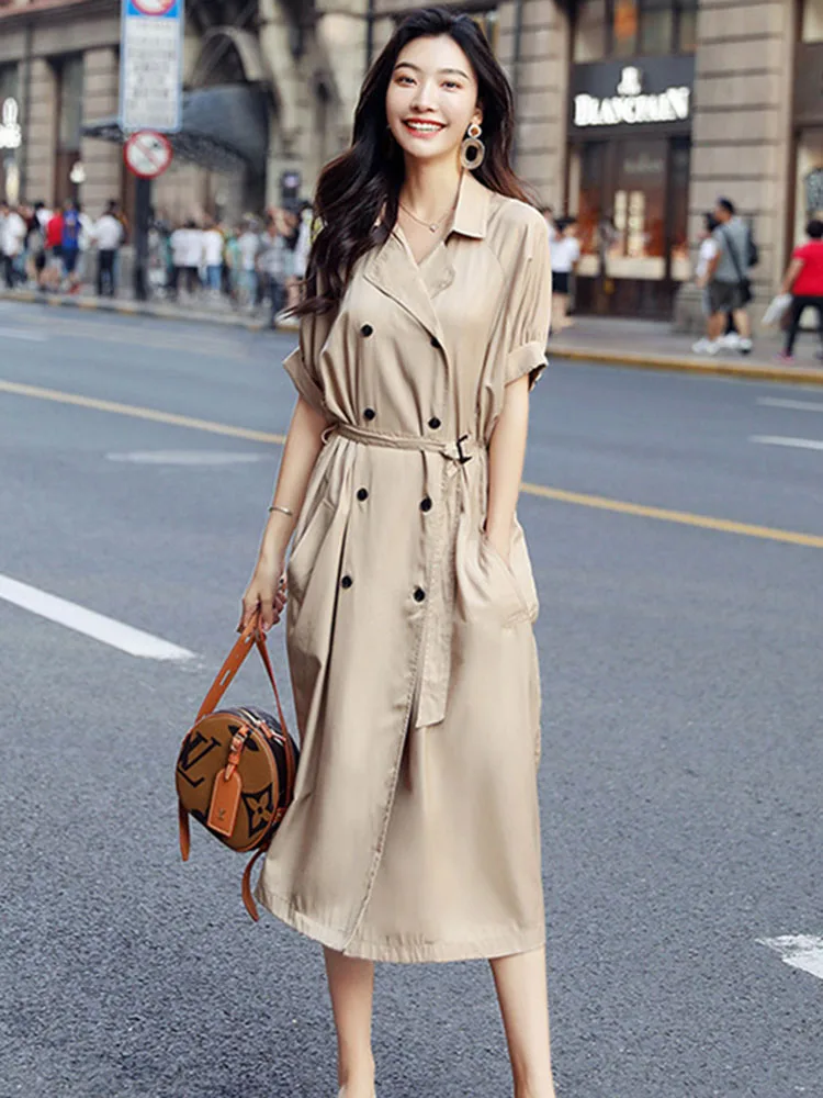 

Khaki Thin 2019 Summer Women's Fashion Trend Short sleeved Double-breasted Long Windbreaker Women Plus Size Trench Coat Solid