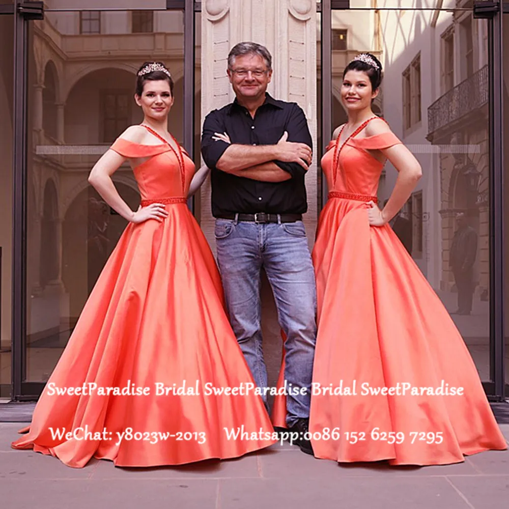Gorgeous Coral Satin Bridesmaid Dresses Off Shoulder A Line Vestido Madrinha Long Wedding Guest Dress Party Wedding For Women