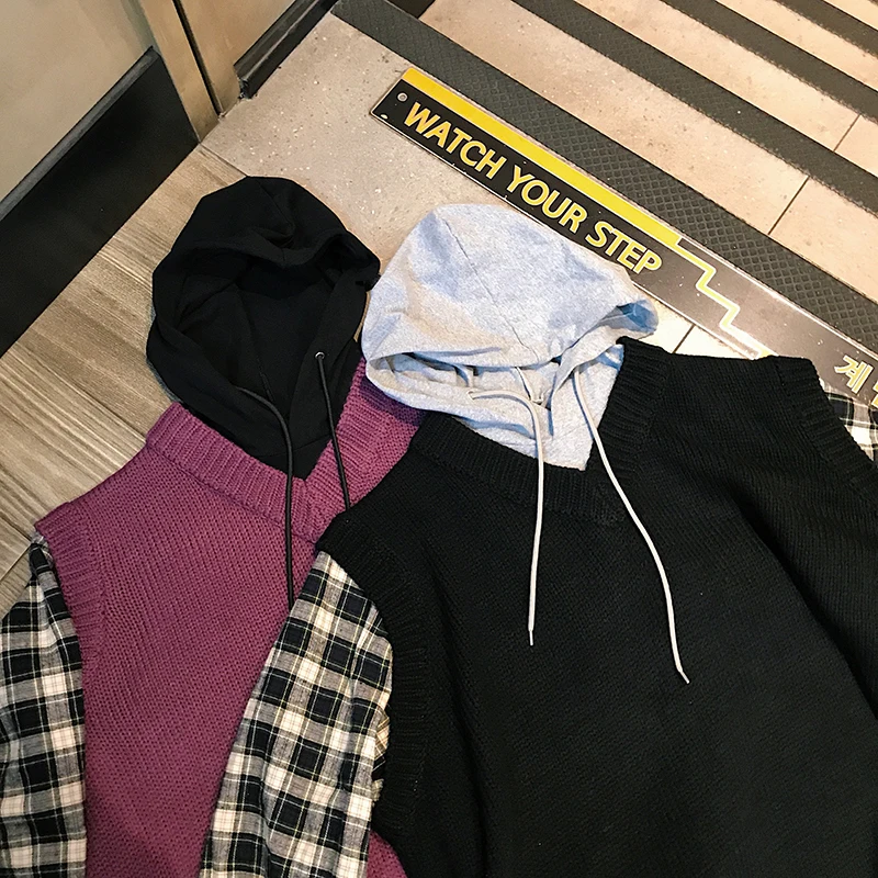 Новинка, Повседневный пуловер в Корейском стиле, в стиле хип-хоп, с капюшоном, имитация двух частей, в клетку, с вышивкой, фиолетовый/хаки/черный, M-2XL