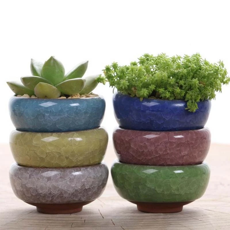 Ceramic Ice Crack Zisha Serial Succulent Plant Pot Cactus Bonsai Pot Flower Pots Container Planter Decoration for Office Garden