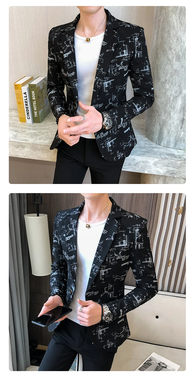 Men Blazer 2022 Spring Fashion High-quality Men Korean Version of The Printed Slim Formal Wedding Party Prom Suit Jacket