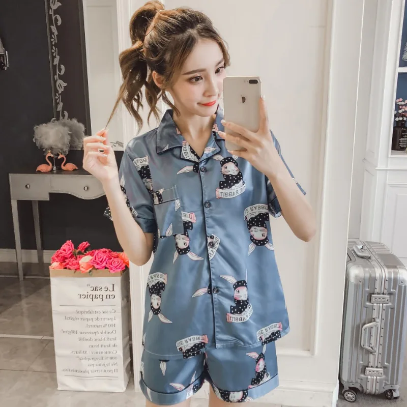 

Women's Silk Imitated Silk Pajamas Women's Summer Cool And Refreshing-Short Sleeve Cardigan Suit Tracksuit Viscose New Products