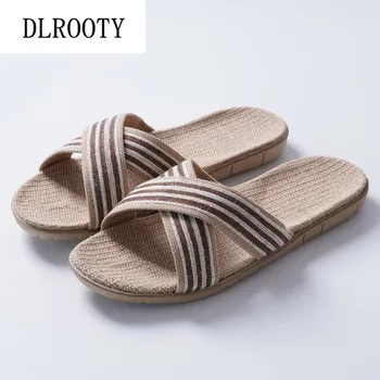 

Men Slippers Sandals Flip Flops New Summer Fashion Breathable Hemp Non-slip Shoes Man Flat Home Slides Striped Casual Female