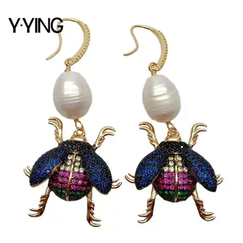 

Y·YING natural Cultured White Rice freshwater Pearl Insect Cz Pave Hook Dangle Earrings vintage style for women