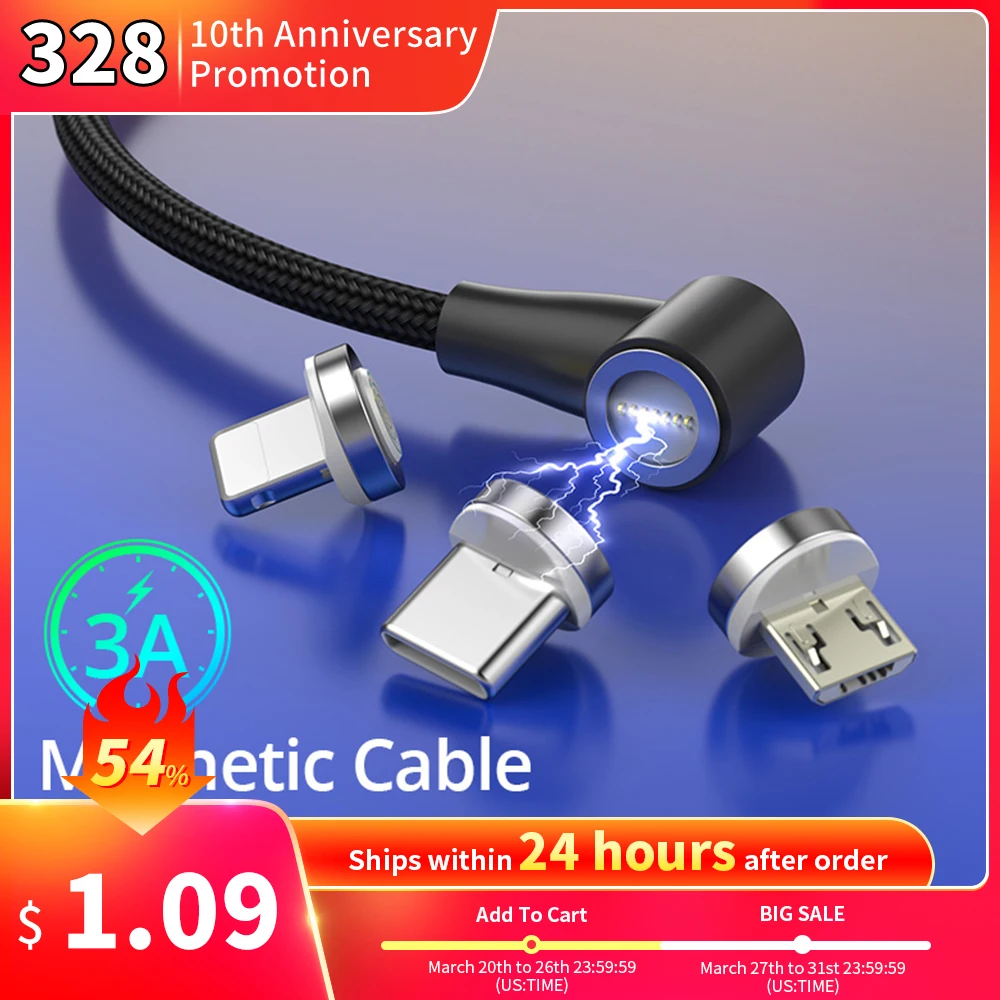

90 Degree QC3.0 Magnetic Cable Micro USB Type C Data Sync Fast Charging Cable For iPhone 11 Huawei Samsung USB C Led Light Cable