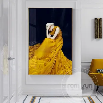 

Elegent and Graceful Girls Wall Art Canvas Painting Beautiful Yellow Dress and White-Red Cap Wall Pictures for Living Room Aisle