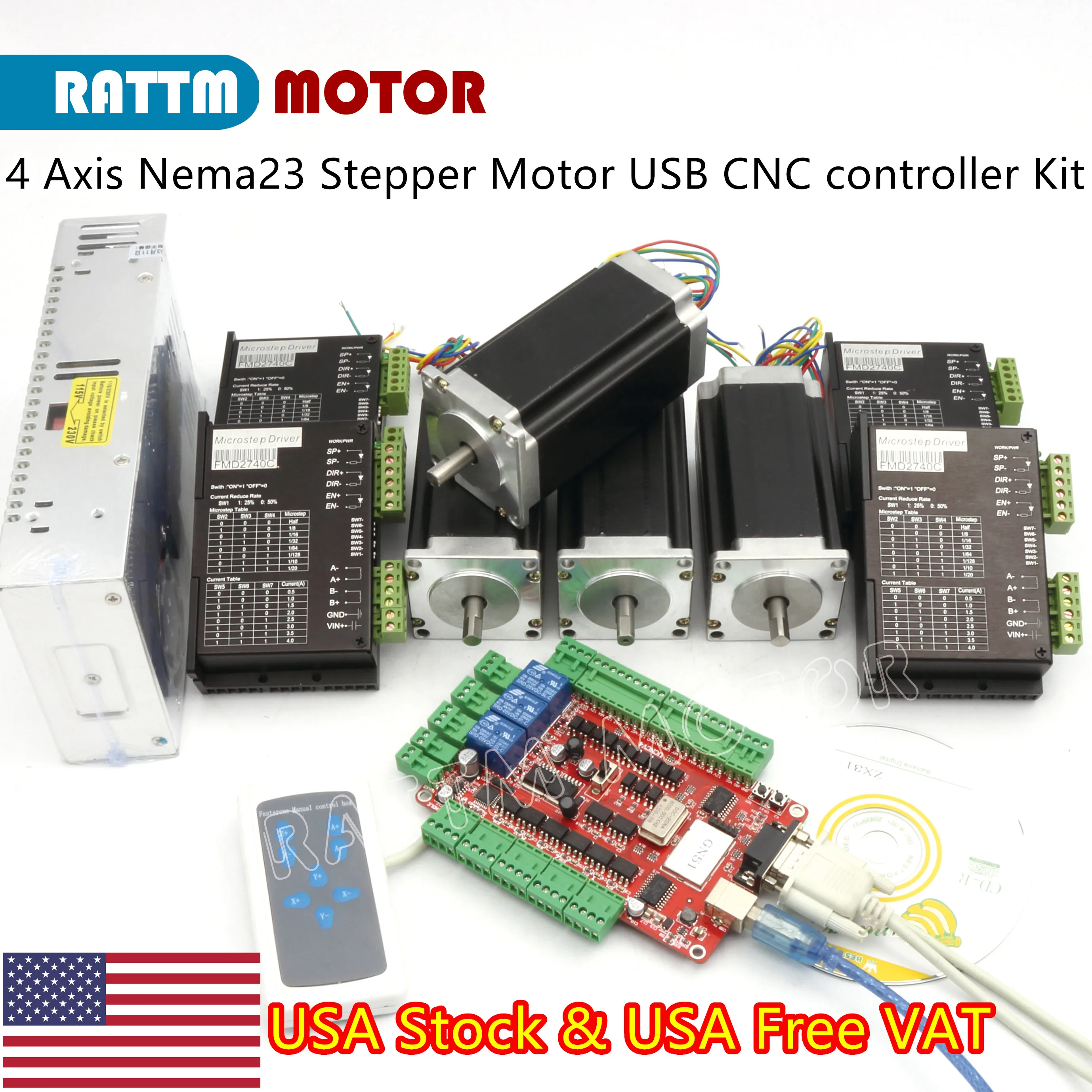 〖EU/США Free〗 4 оси USB ЧПУ комплект Nema 23 шаговый двигатель (двойной вал) 425oz-in 3A &amp FMD2740C