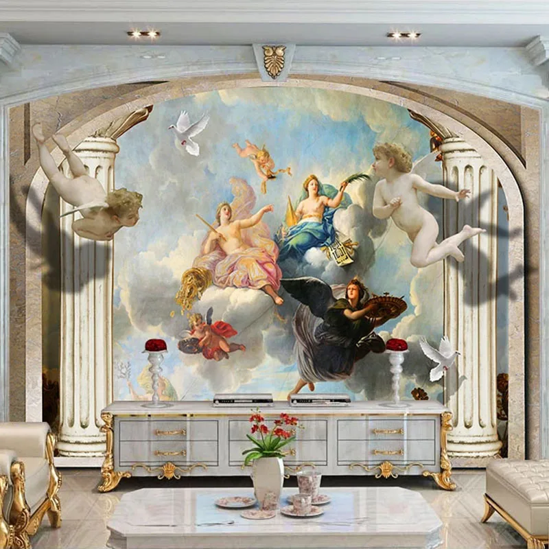 

Drop Shipping European Style Retro Mural Wallpaper 3D Stereo Roman Column Angel Figures Oil Painting Fresco Hotel Wall Sticker