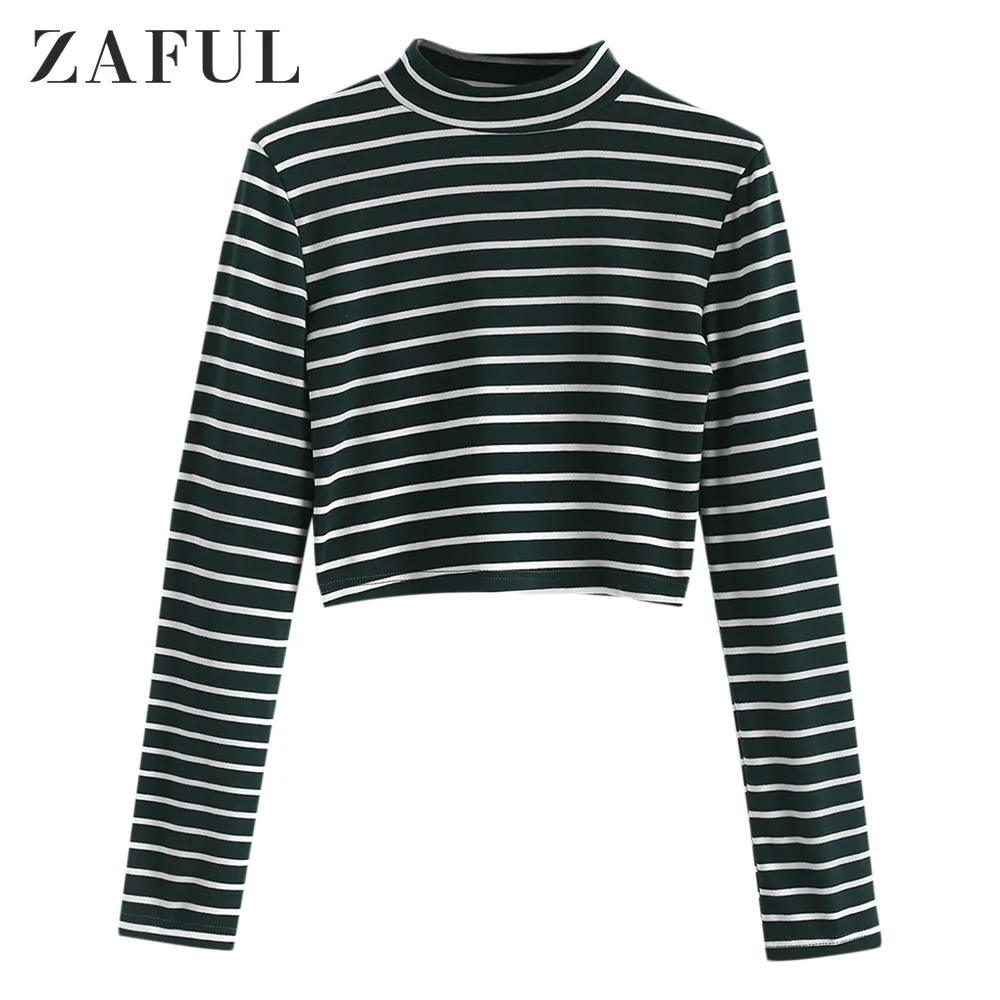 

ZAFUL High Neck Stripe T-Shirt Long Sleeve Tee Sweater Casual Spring Autumn Crop Tops Women Basic Turtleneck Classic Tee Shirt