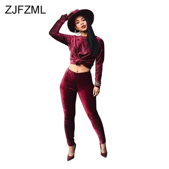 

Solid Velvet Causal 2 Piece Set Women Clothing O-Neck Long Sleeve T Shirts + High Waist Pencil Pants Plus Size Autumn Winter Set
