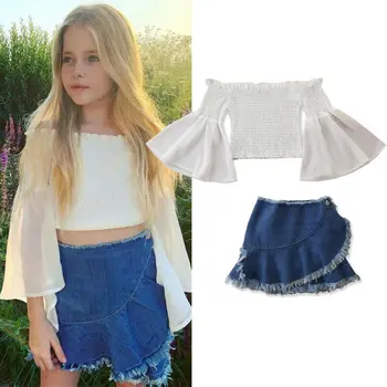 

CANIS Summer Kid Baby Girl Clothes Ruffles Off Shoulder Flare Sleeve Top Tassels Denim Skirt Fashion Outfit Set